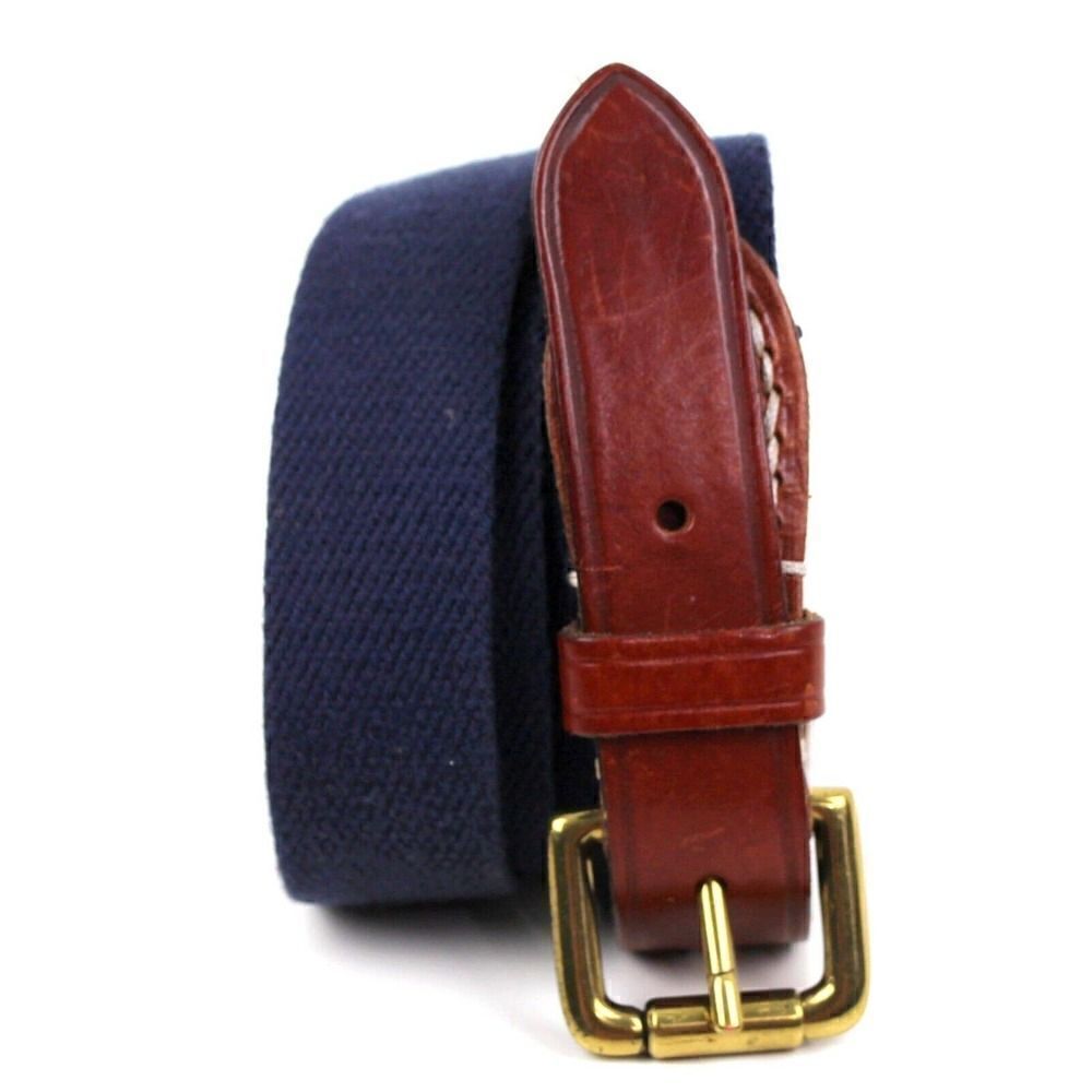 ITALIAN BROWN GENUINE LEATHER 1 1/4"Wd BLUE CANVAS GOLF MEN'S BELT 42-44 (B21